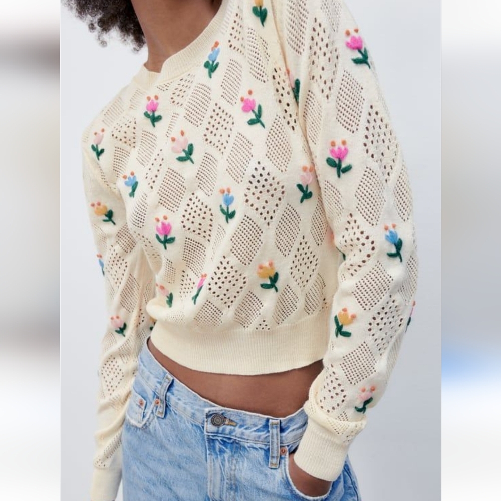 ZARA-NWT Cream Floral Embroidery Open Knit Sweater
